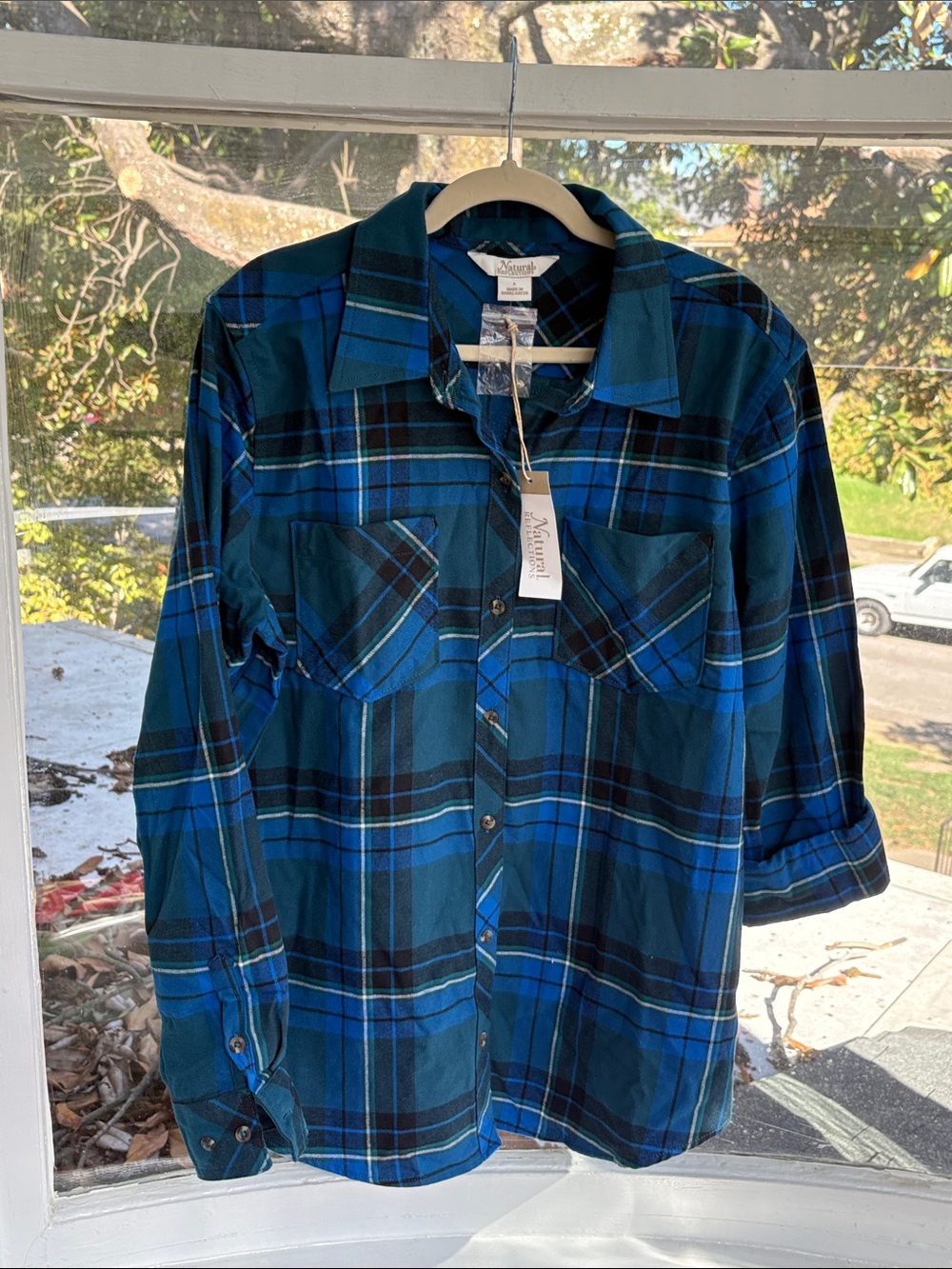 Natural Reflections Teal and Navy Plaid Button-Down Shirt-NWTO Size Large